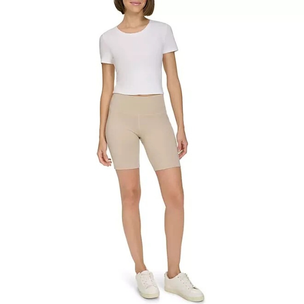DKNY Womens High Rise Bike Shorts Cream Beige Side Pocket XS 7in Inseam NWT